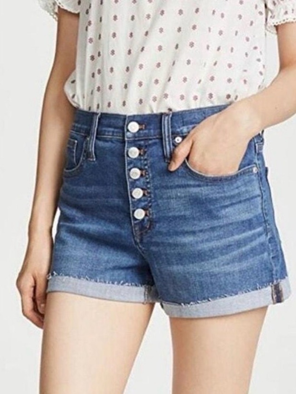 Madewell High Rise Waist Size 27 Button Fly Front Denim Shorts Blue Wash